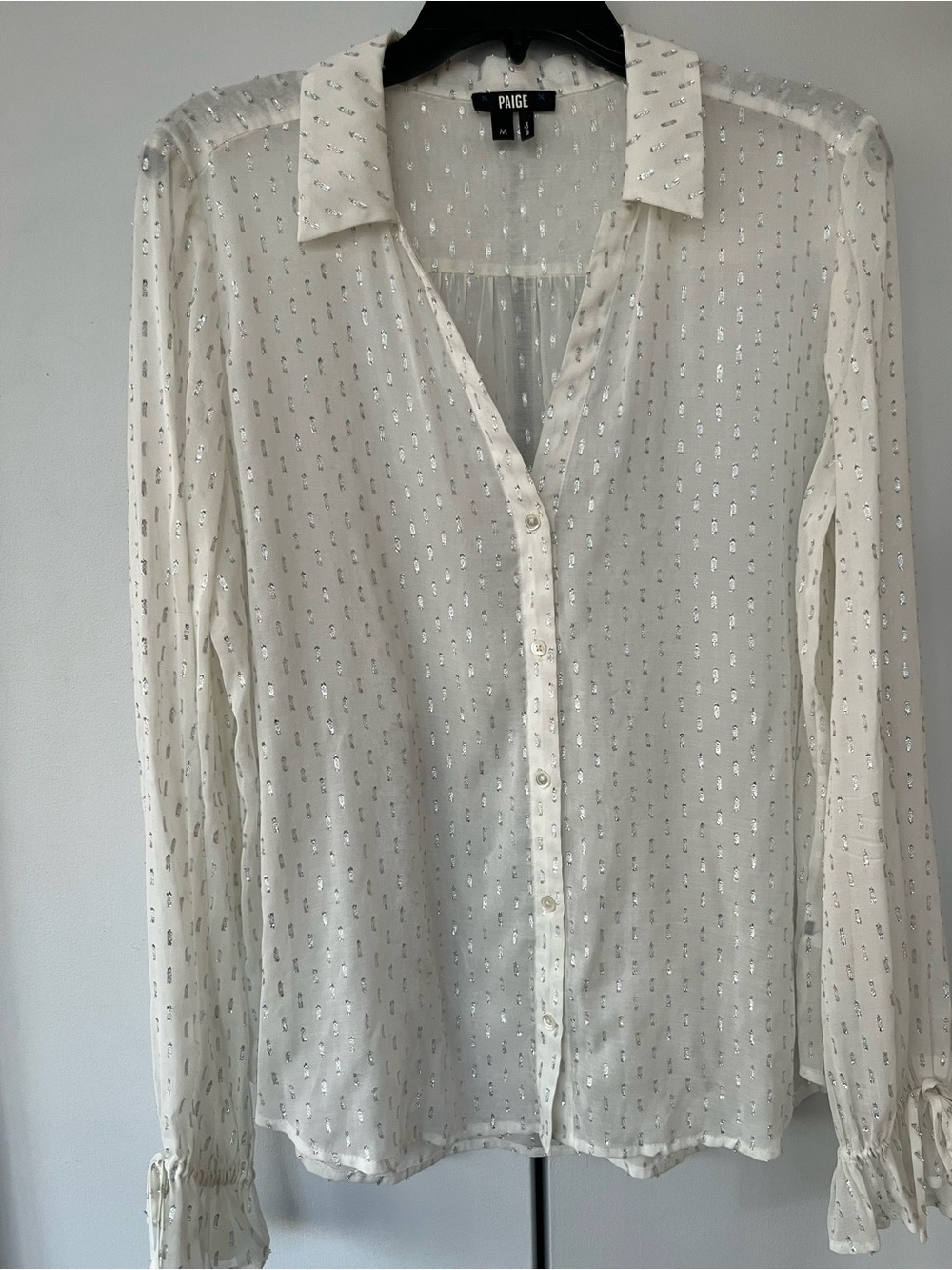 PAIGE Alinah Ivory Sheer Button-Down Blouse with Silver Dot Detail Party Dressy